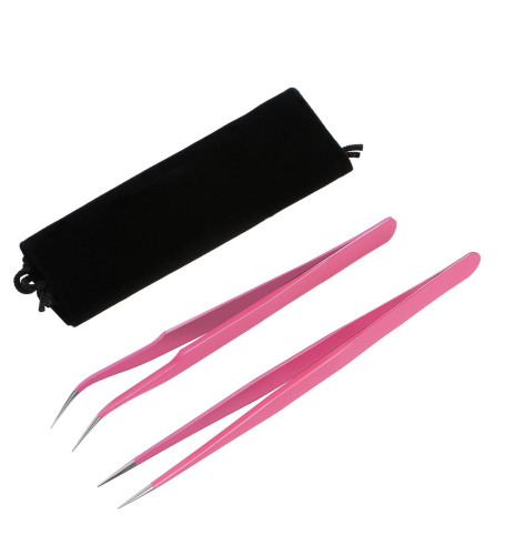 Eyelash Extension Tweezers Set (Straight & Curved Tip) – Pink