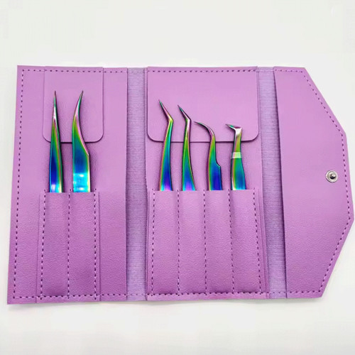 Rainbow Eyelash Extension Tweezers Set with Purple Pouch